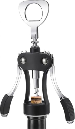 Image of KORCCI Wine Opener, Heavy-Duty Zinc Alloy Wing Corkscrew, Premium Beer Bottle Opener, Multifunctional Wine Accessories with Ergonomic Handle and Sharp Screw, for Kitchen, Bar, Restaurant (BLACK)