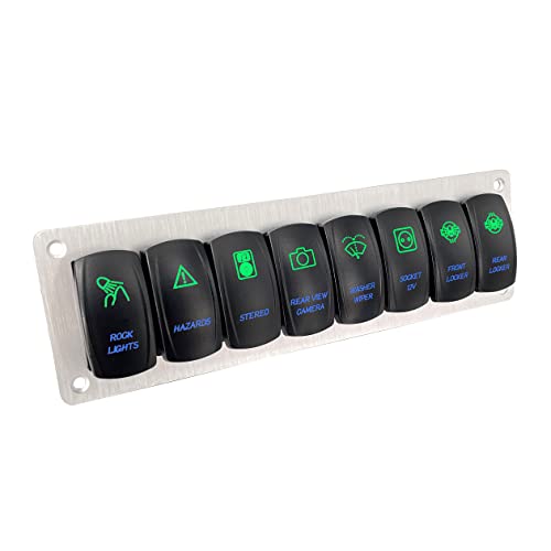 Image of Customize 8 Gang Rocker Switch Panel with Pre-Wired Jumper Wires Green & Blue Led Toggle Switch Panel for Car Marine RV Motorhome UTV ATV SXS 12V /20A 24V /10A IP66