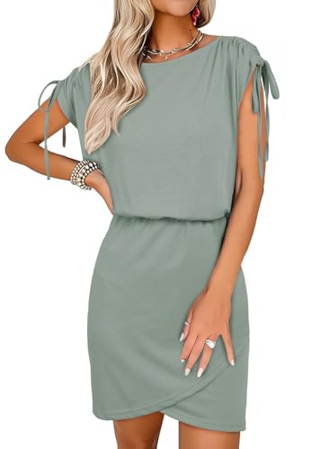 Image of Dokotoo Womens 2024 Summer Dress Drawstring Cap Sleeve Crew Neck Wrap Bodycon Dresses Mini Short Dress