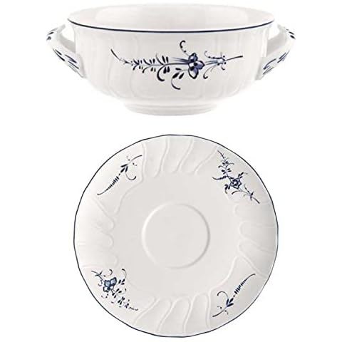 Villeroy & Boch Vieux Luxembourg Suppentasse & Untertasse weiß blau Porzellan Cover