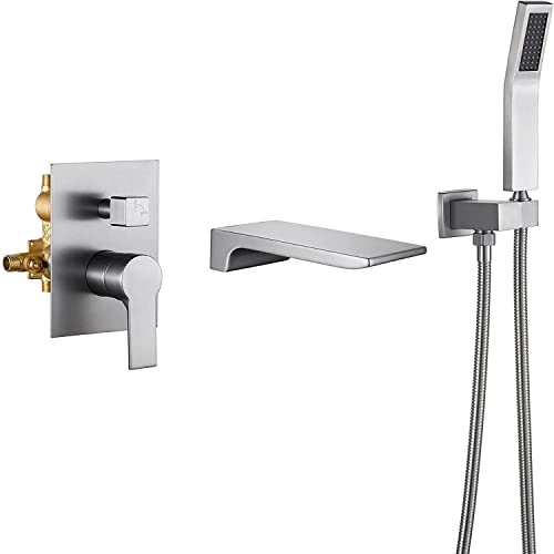 Grifo para bañera con ducha de mano, grifos para lavabo de baño en cascada, grifo para bañera monomando, juego de grifo para ducha para bañera montado en la pared de latón moderno, que incluye cuerpo