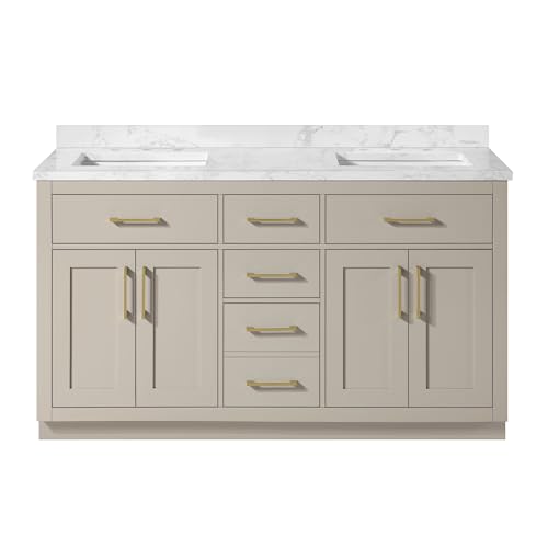 Image of OVE Decors Athea 60 in. Double Sink Freestanding Greige Bathroom Vanity with White Engineered Marble Top, Matching Backsplash, Power Bar and Brushed Gold Hardware