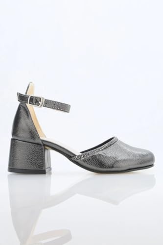 SIRRI Girls’ Block Heel Communion Mary Janes, Ankle Strap Closed Round Toe Rhinestone Trim Shoes2