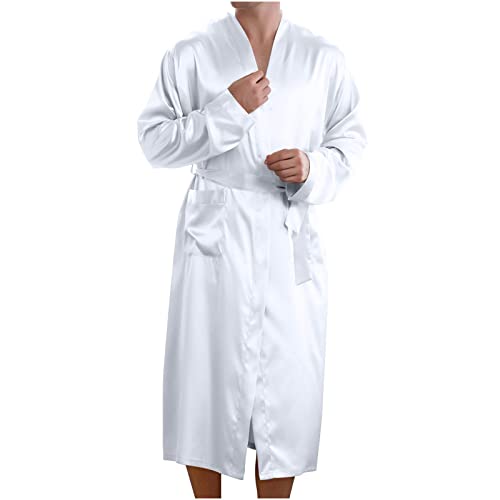 Men's Satin Robe Long Sleeve Silk Kimono Bathrobe Lightweight Spa Robes Pajamas Sleepwear with Belt