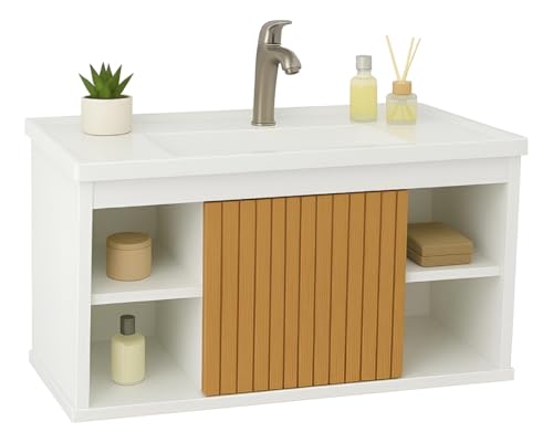 Gabinete Com Cuba Suspenso para Banheiro Nichos Com Porta Completo (Branco Ripado)