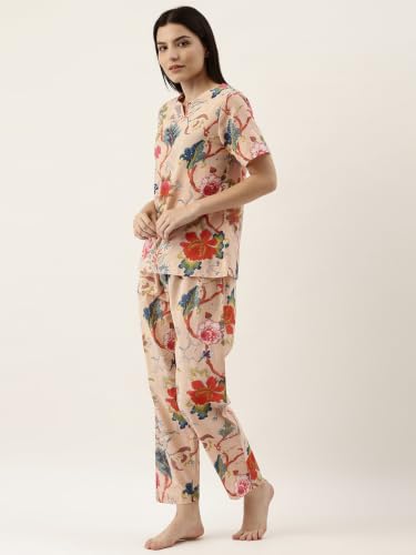 Image of SANSKRUTIHOMES Women's Premium 100% Cotton Printed Co-Ord Set | Short Sleeve Shirt & Pant Set | Pink Checkered Sun & Palm Tree Print | Casual Summer Resortwear, Vacation Wear & Comfortable Loungewear