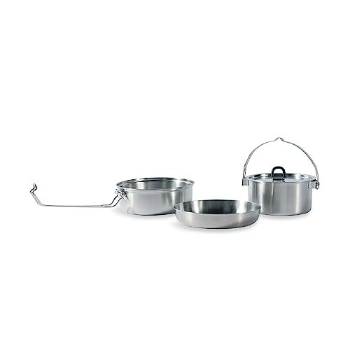 Tatonka Camp Set Large (3-teilig) - Camping-Kochgeschirr aus Edelstahl - Bestehend aus Pfanne, Schale und Topf mit Deckel (0,8L) - Inklusive Transportbeutel