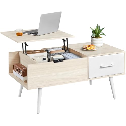 Yaheetech Table Basse à Plateau Relevable, Table de Salon avec Tiroirs Ouverts en Tissu Pliable, Hauteur Réglable avec Compartiment de Rangement Caché pour Salon...