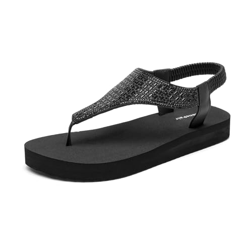 SelenePair Women's T-strap Thong Flat Sandals Summer Rhinestone Bling Elastic Yoga Mat Flip Flops