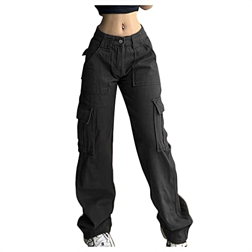 Cargo Wide Leg Pants for Women Drawstring Parachute Jeans Comfy Low Waist Baggy Y2k Streetwear Denim Pants with Pockets