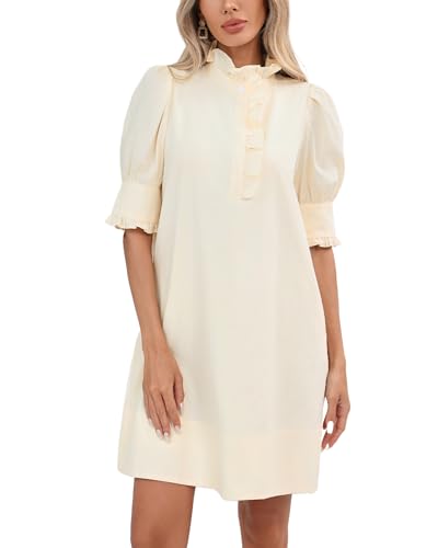Women's Puff Short Sleeve Stand Ruffle Collar Summer Dress Casual A Line Shift Mini Dress with Pockets