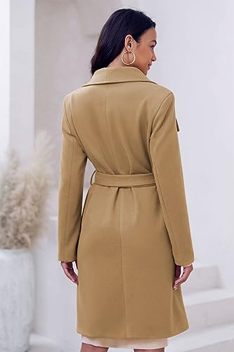 Cicy Bell Women's Pea Trench Coat Lapel Collar Long Jacket Open Front Belted Overcoat with Pockets4