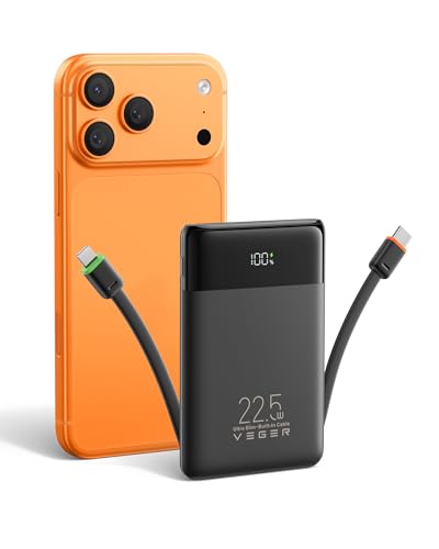 VEGER Power Bank 10000mAh Klein 22.5W Schnellladung PowerBank mit Integriertem USB-C Kabel Externe Handyakkus 4 Ausgänge 3 Eingänge Kompatibel mit iPhone 17 16 13 Samsung Reise Essential Schwarz