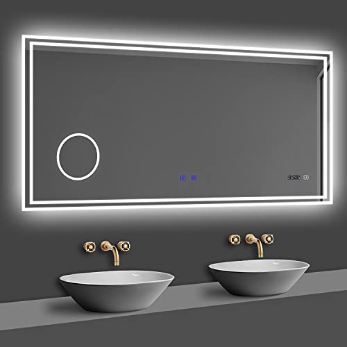 Acezanble 80x60cm Miroir Lumineux de Salle de Bain regtanglaire avec Bluetooth, 3 Couleurs, Horloge et Loupe Cover