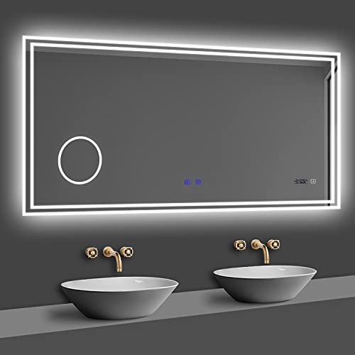 Acezanble 120x70cm Miroir Lumineux de Salle de Bain regtanglaire avec Bluetooth, 3 Couleurs, Horloge et Loupe