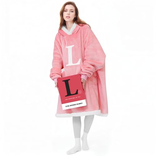 Wearable Blanket Hoodie with Letter A-Z - Oversized Sweatshirt Blanket Hooded Monogrammed Personalized Gifts for Women Girlfriend Sister Pink Initial L