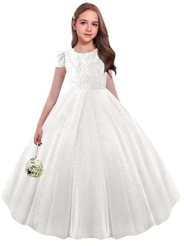 Lace Applique Flower Girl Dresses with Satin Bow Cap Sleeve Sparkly Tulle Ball Gown for Wedding Party4