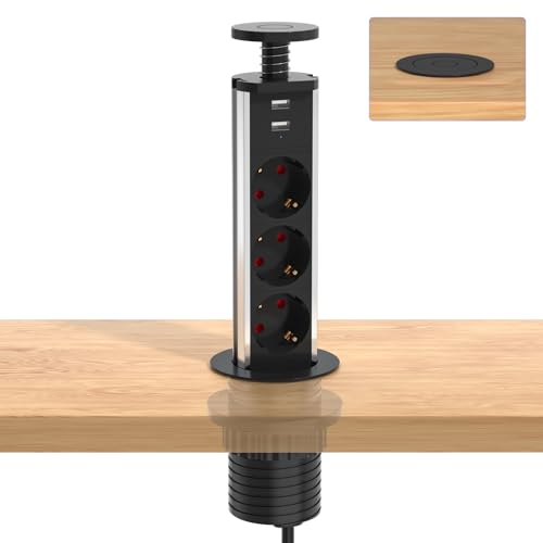 Meisax Multiprise Encastrable Bloc avec 3 EU Prises 2 USB Diamètre 60mm Câble 1,8m, Prise Escamotable Plan de Travail pour Cuisine Bureau Chambres Salon Noir