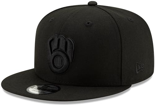 New Era MLB 9FIFTY Black Black Primary Logo Team Adjustable Snapback Hat Cap One Size Fits All - Milwaukee Brewers Black