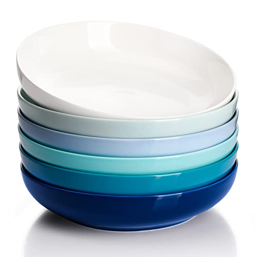 Sweese Pasta Bowls, 30 Ounce Salad Serving Bowls Set of 6, 8.4 Inch Porcelain Plates for Serving Dinner, Salad - Microwave Dishwasher Safe, Cool Assorted Colors