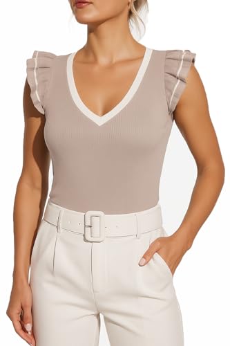 Women's Summer Tank Tops V Neck Ruffle Shirts Ribbed Knit Sweater Sexy Casual Blouse Ladies Fashion Clothes 2025