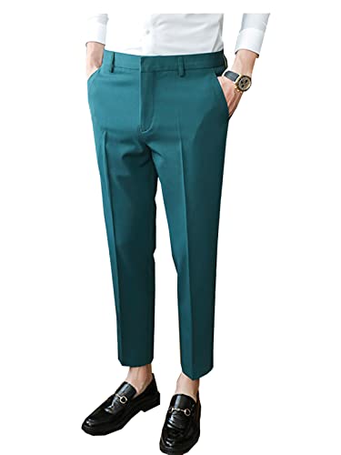 Men's Solid Color Dress Pants Slim Fit Flat Front Ankle Length Business Suit Pants Formal Wear