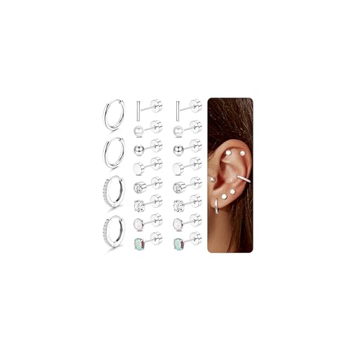 Jstyle Hypoallergenic Earrings for Sensitive Ears-20G Flat Back Earrings for Women Men-Small Surgical Steel Stud Earrings Huggie Hoop Cartilage Nap Earring Sets