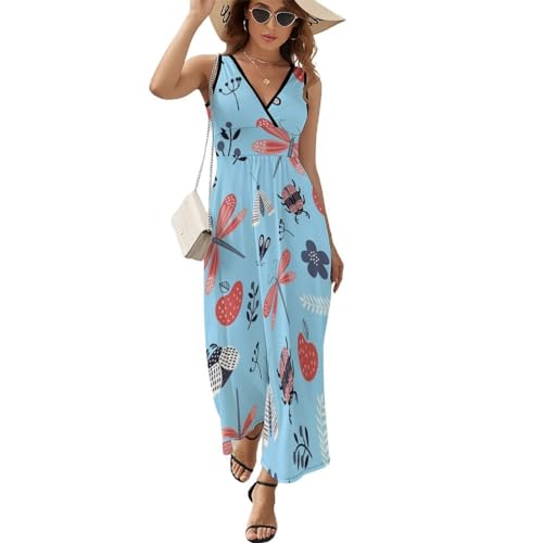 Robe longue d'été imprimé coccinelles libellules avec col V flatteur et coupe maxi