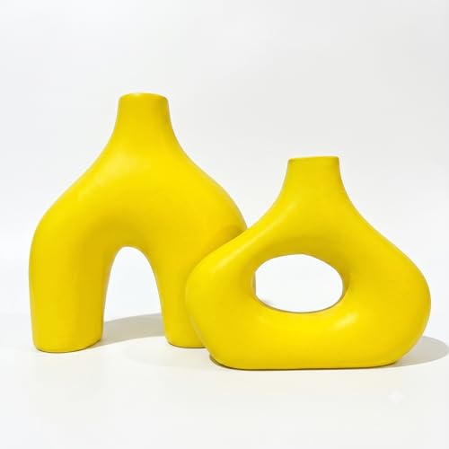 Image of PUREZENTO Abstract Yellow Ceramic Donut Vase 5.4 & 7.7 Inch - Set of 2 | Decorative Unique Modern Vase for Dried Flowers & Pampas Grass | Vases for Modern Home Decor, Living Room, Office Decor Ideas