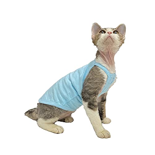 Sphynx Katzenkleidung, dünn, einfarbig, Baumwolle, sieben Farben, atmungsaktiv, haarlos, Katzenweste, Pullover, Riemen, Tanktops, Katzenbekleidung, Pyjama (XXL (5-6,8 kg), Wasserblau) Cover