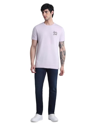 Image of Jack & Jones Men Pure Cotton Typography Printed Slim Fit T-Shirt