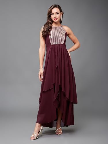 Image of Miss Chase Women's Round Neck Sleeve Embellished Fit Flare Maxi Dress