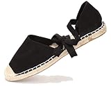 U-lite Women's Suede Cap-Toe Tie-up Ankle Strap Espadrille Flat Sandals (Black, 7)