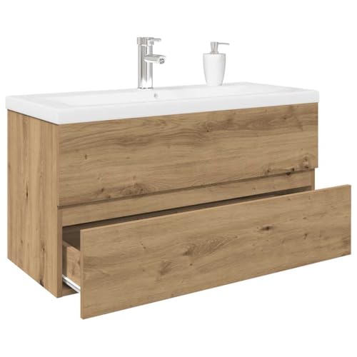Vetnasa Mueble para Lavabo con Lavabo Integrado y Grifo Roble Artesanal Mobiliario, Armarios y Almacenamiento, Tocadores, Tocadores de baño Marrón 39,9 KG