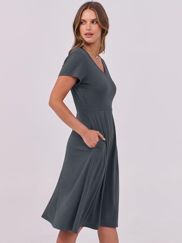 Image of ANRABESS Women Summer Dress Casual Short Sleeve V Neck A-Line Knee Length Pleated Flowy 2026 Fashion Midi Dresses with Pocket