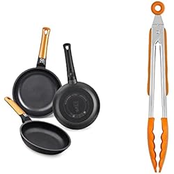 BRA Efficient Orange Set De 3 Sartenes, Aluminio, Negro, 20-24-28 cm [Amazon Exclusive] + Efficient Pinza de Cocina, Acero INOX, Nailon y Silicona, Naranja, 28.5 cm