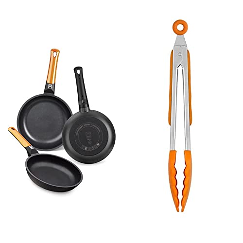 BRA Efficient Orange Set De 3 Sartenes, Aluminio, Negro, 20-24-28 cm [Amazon Exclusive] + Efficient Pinza de Cocina, Acero INOX, Nailon y Silicona, Naranja, 28.5 cm