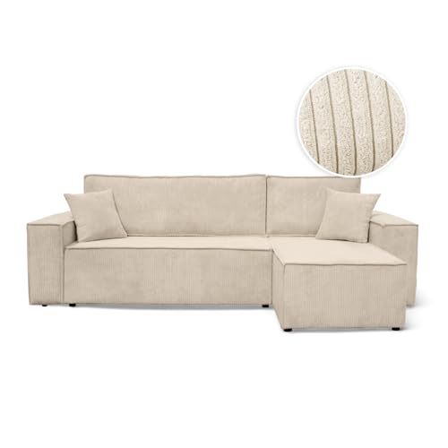 LOUNGITUDE Canapé Farah d'angle Convertible et réversible 4 Places en Velours côtelé