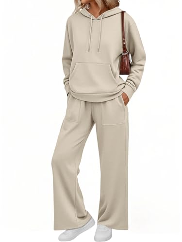 AUTOMET Womens 2 Piece Outfits Sweatsuits Lounge Matching Fall Sets Jogging Suit Oversized Hoodie Wide Leg Sweatpant Clothes Apricot L