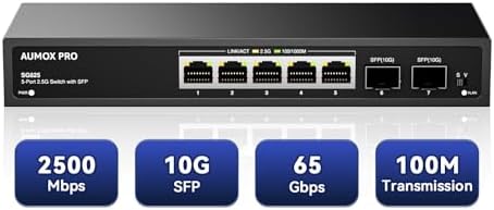 7 Port 2.5Gb Unmanaged Ethernet Switch with 5* 2.5G Base-T Ports, 2*10G SFP Ports, AUMOX PRO 65 Gbps Vlan Switching Capacity Compatible with 100/1000/2500Mbps Plug and Play