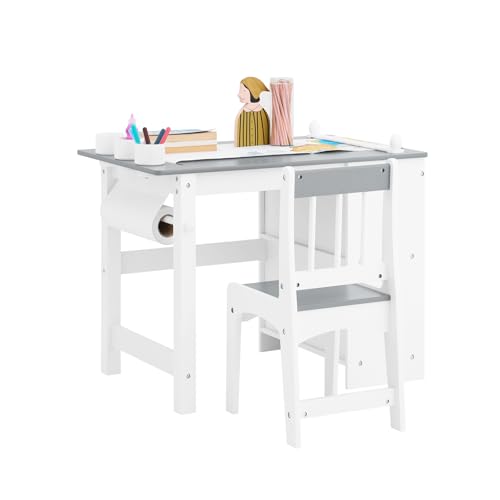SoBuy Set van tafel en stoel voor kinderen, 2-delig, bureau voor kinderen, met 2 planken, 1 papierrolhouder, 3 pennenvakken, grijs KMB60-HG