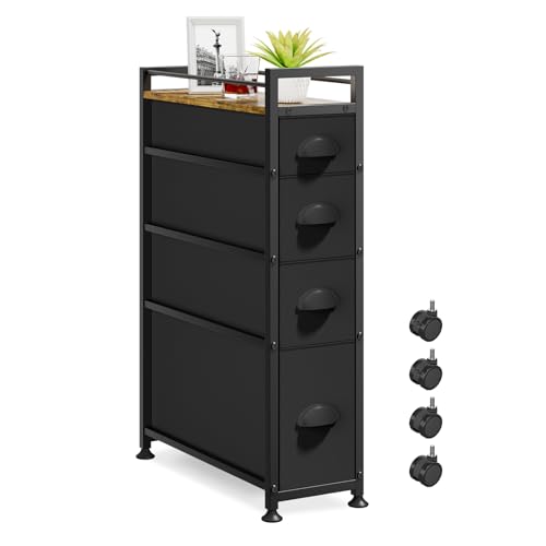 LASZOLA 4 Drawer Narrow Dresser Slim Cabinet Skinny Storage Tower Chest, Ideal for Small Spaces Bathroom Bedroom, Between Washer and Dryer, Lightweight Mobile on Wheels, Sturdy Fabric Drawers, Black