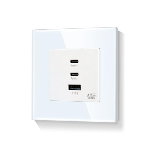 LIAONFOY 65W Super Lade Steckdose Super Fast Charging Drei Ports usb c Kombination Wandsteckdose Glasrahmen Weiß 86mm 100-240V Max Ladegeschwindigkeit 65W für Typ c 20W für USB (Neutrale erforderlich)