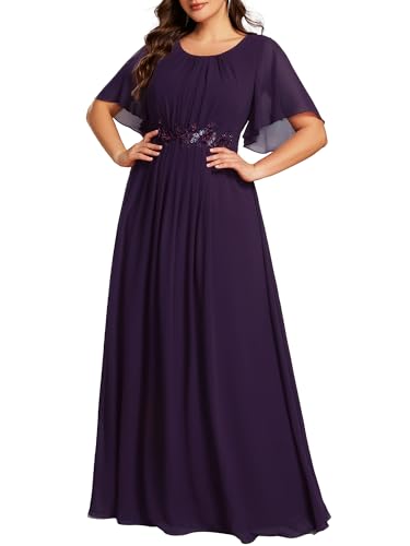Ever-Pretty Plus Women's Round Neck Appliques Short Sleeves Floor Length Plus Size Formal Dresses Mother of The Bride Dress