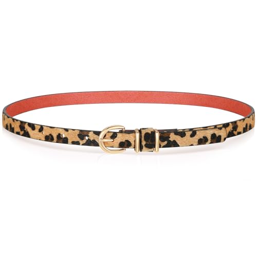 VONMELLI Womens Skinny Leather Belt Thin Waist Leopard Belts for Women Fashion Dress Jeans with Gold Buckle, M