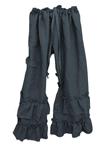 Womens Casual Ruffled Loose Pocket Pants Plus Size Cotton Linen Folds Pants Wide Leg Solid Color Hem Elastic Waisted Trousers (Dark Gray,X-Large)