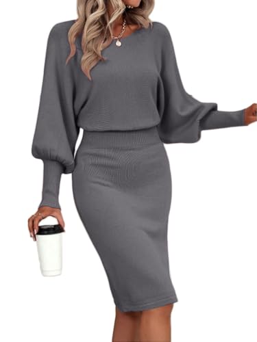 shownicer Strickkleid Damen Langarm Bodycon Strickkleid Elegant Rundhals Kleid Lang Rippenstrick Einfarbige Kleid Strickkleider Herbst Winter A Grau M