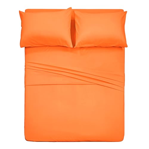 4 Piece Bed Sheet Set (Queen Orange) 1 Flat Sheet 1 Fitted Sheet and 2 Pillow Cases Brushed Microfiber Luxury Bedding with Deep Pockets