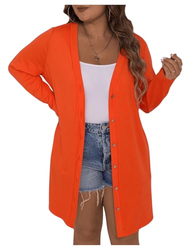 Image of SOLY HUX Women's Plus Size Cardigan Button Down V Neck Long Sleeve Casual Outerwear Plain Orange 1XL