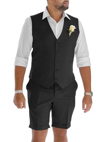Mens Suits 2 Piece Casual Linen Suit for Men Retro Short Pants Suit Men Summer Beach Wedding Prom Vest Shorts Set